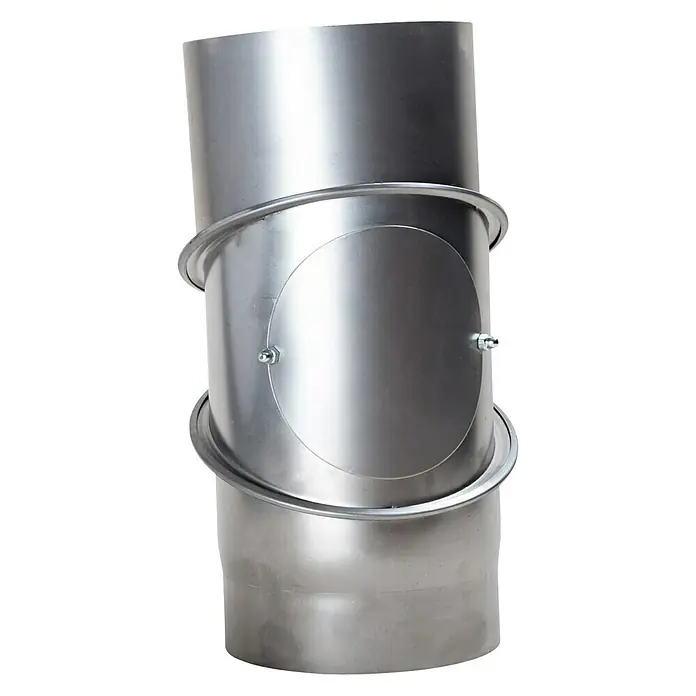 OfenrohrbogenDurchmesser: 150 mm, Bogenwinkel: 0 ° - 90 °, Mit Reinigungsöffnung, Unlackiert, Silber - Metallrohrbogen mit Inspektionsklappe, ideal für Lüftungs- und Abgassysteme, sorgt für einfache Wartung und Kontrolle.