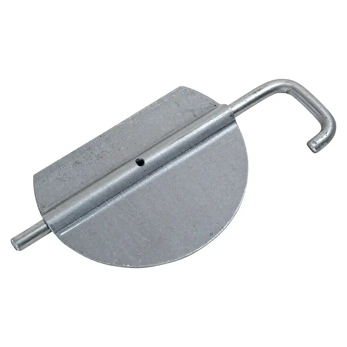 DrosselklappeDurchmesser: 120 mm, Unlackiert, Silber - Nahaufnahme eines Metallproduktes mit halbkreisförmiger Platte und Haken, ideal für Befestigungs- oder Aufhängeanwendungen.