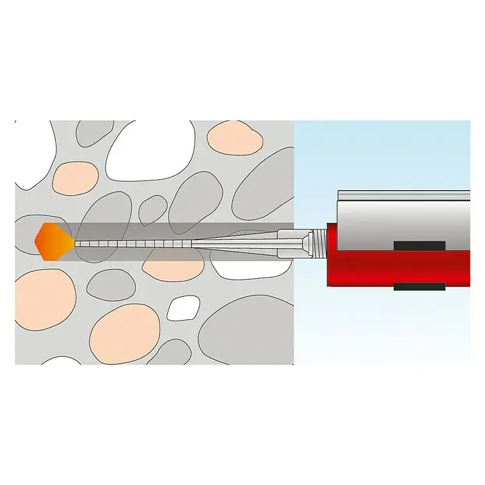 Stabilit Montagemörtel VM 300300 ml, Hellgrau - Illustration einer Betonankerschraube, die in einer Betonwand befestigt ist, zur Verankerung von Bauteilen im Bauwesen.