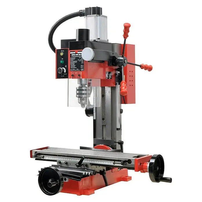 Rotwerk Bohr- & Fräsmaschine EFM 200 BL plus - Leistung: 500 W, Drehzahl: 100 U/min - 2.500 U/min - Produktbild einer Rotwerk EFM 200 BL Fräsmaschine mit Werkzeugaufnahme und Verstellrädern.