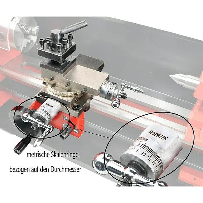 Rotwerk Drehmaschine EDM 300 DS - 250 W, Max. Werkstücklänge: 300 mm - Nahaufnahme einer Drehmaschine mit metrischen Skalenringen, die auf den Durchmesser bezogen sind, Marke ROTWERK.