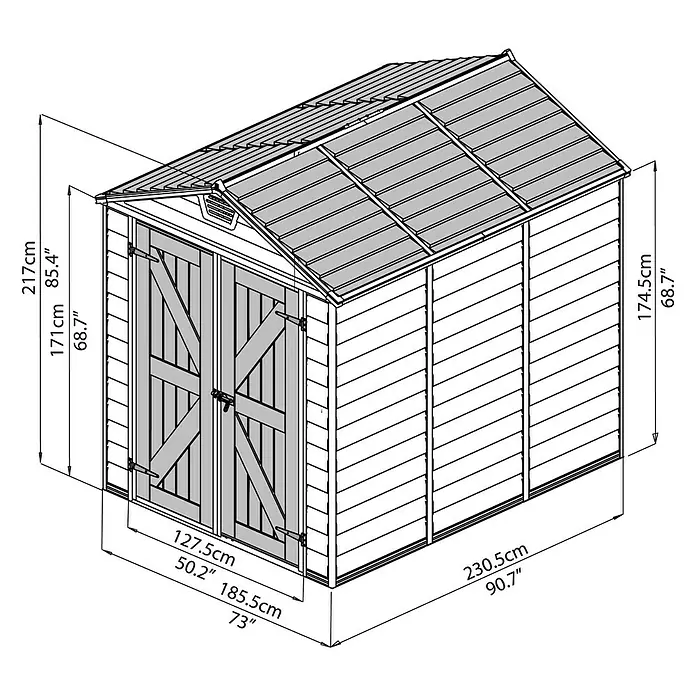 Palram – Canopia Gartenhaus Skylight 6x8 Tan - Außenmaß inkl. Dachüberstand (B x T): 185 x 229 cm, Kunststoff, Beige/Braun - Illustration eines Gartenhauses mit Abmessungen.