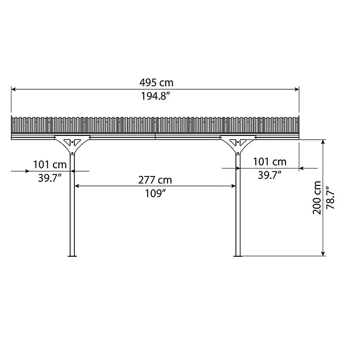 Palram – Canopia Carport Atlas 5000 - Außenmaß inkl. Dachüberstand (B x T): 2,88 x 4,95 m, Einzelcarport - Technische Zeichnung eines Pavillons mit Maßangaben in cm und Zoll, die die Abmessungen und Proportionen des Designs veranschaulichen.