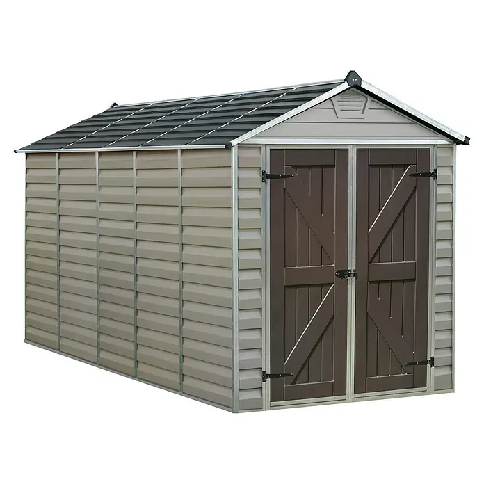 Palram – Canopia Gerätehaus Skylight 6x12 Tan - Außenmaß inkl. Dachüberstand (B x T): 185 x 379 cm, Kunststoff, Beige/Braun - Ein geräumiges Gartenhaus mit Doppeltüren und Satteldach, ideal für die Aufbewahrung von Gartengeräten und mehr.