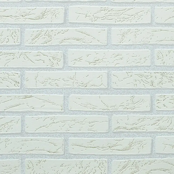 Papel pintado Ladrillo blanco - Beige/Crema/Blanco, Efecto piedra, 10 x 0,53 m - Primer plano de un papel pintado de pared de ladrillo blanco, que muestra una superficie texturizada y un diseño de ladrillo realista.