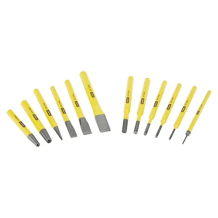 Stanley Schlagwerkzeug-Set - 12 -tlg. - Ein Set aus gelben Stanley-Meißeln und Körnern in verschiedenen Größen, ideal für Heimwerker- und Handwerksprojekte.