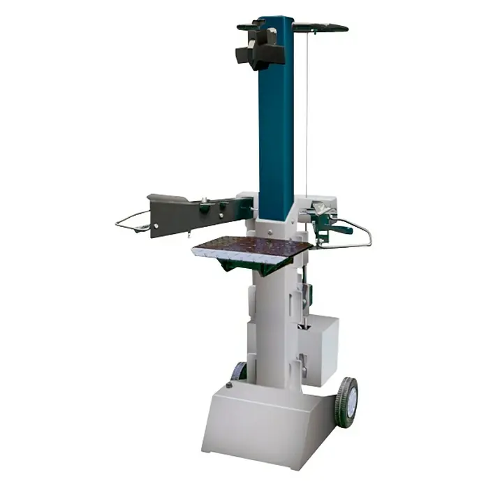 Tronzadora vertical AV1050 - 1.200 W, Diámetro hoja de sierra: 350 mm - En la imagen, una máquina astilladora vertical con ruedas, para partir troncos, en colores vivos. Ideal para tareas de carpintería al aire libre.