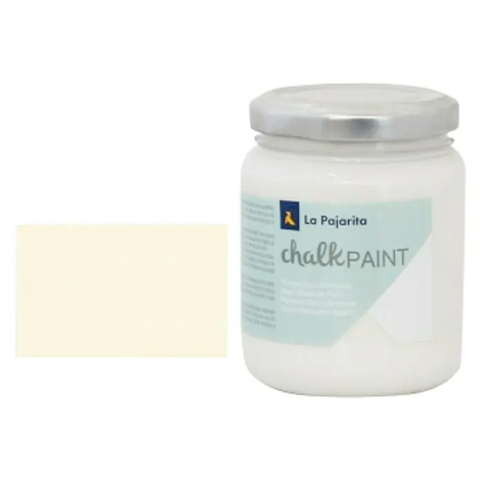 La Pajarita Pintura de tiza Chalk Paint - Sweet cream, 175 ml, Mate - Un frasco de pintura de tiza La Pajarita exhibido con una muestra de color crema. Perfecto para proyectos DIY y muebles vintage.