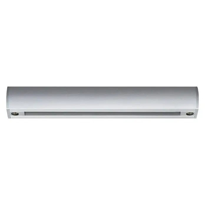 Paulmann URail Gleiter - 200 cm, Metall, Chrom matt - Nahaufnahme einer flachen, rechteckigen LED-Wandleuchte aus Aluminium mit Schrauben an den Enden.