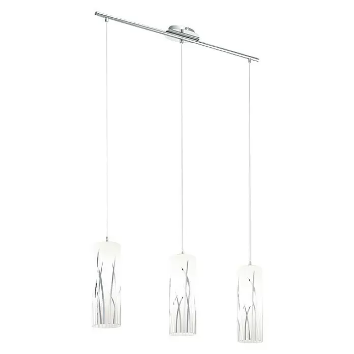 Eglo Lámpara colgante Rivato - 180 W, L x An x Al: 70,5 x 9 x 110 cm, Cromo, E27 - Lámpara colgante cromada de tres luces con pantallas cilíndricas de cristal blanco con motivos decorativos plateados.