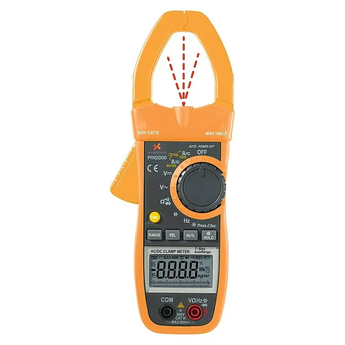 Xindar Multímetro abrazadera digital amperimétrica prof PIN2000 - Número de polos: 2 ud., IP20, Medición de frecuencia - Primer plano de un amperímetro de gancho Xindar PIN2000 naranja con pantalla y dial para ajuste de rango.