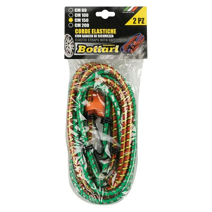 Pulpos elásticos - Largo: 150 cm, 2 ud. - Correas elásticas multicolores con ganchos para asegurar la carga, ideales para coche, moto o camping.