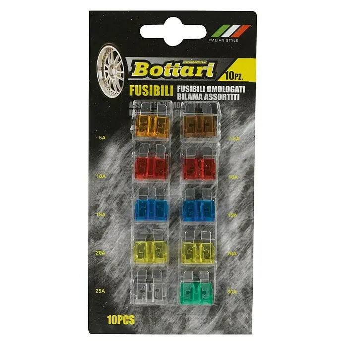 Fusible de clavija plana Mini - 10 pzs. - Un paquete de fusibles Bottari de estilo italiano, que consta de 10 fusibles con diferentes clasificaciones para usar en su automóvil.