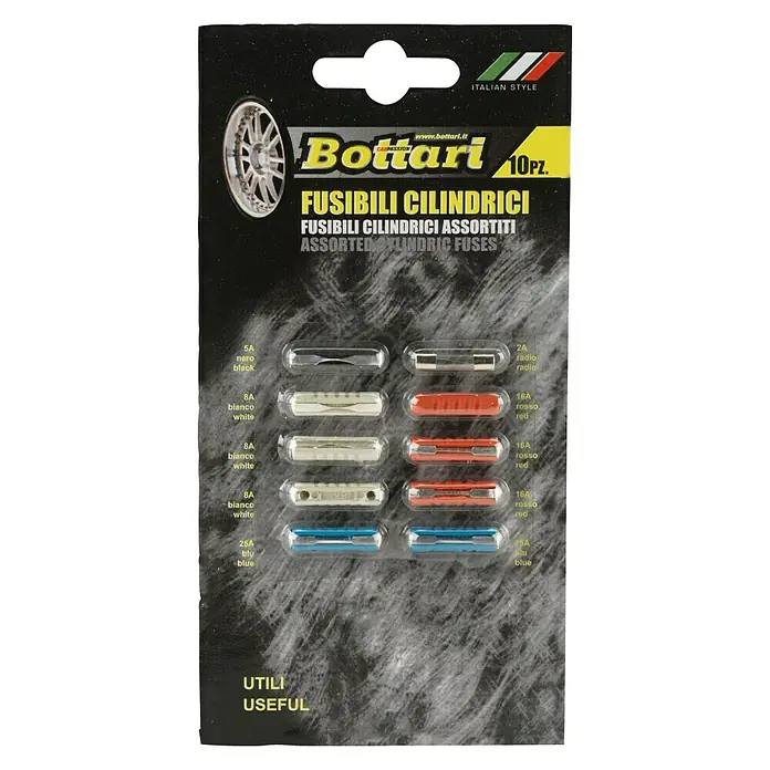 Fusible cilíndrico - 10 ud. - Juego de fusibles cilíndricos surtidos Bottari con varios amperajes y colores para reparaciones eléctricas de coches.
