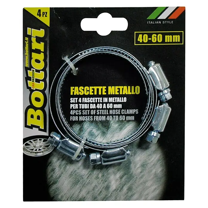 Abrazadera sin fin - 4 ud. - Primer plano de las abrazaderas metálicas para mangueras Bottari, 4 piezas, 40-60 mm, diseñadas para conexiones seguras con estilo italiano.