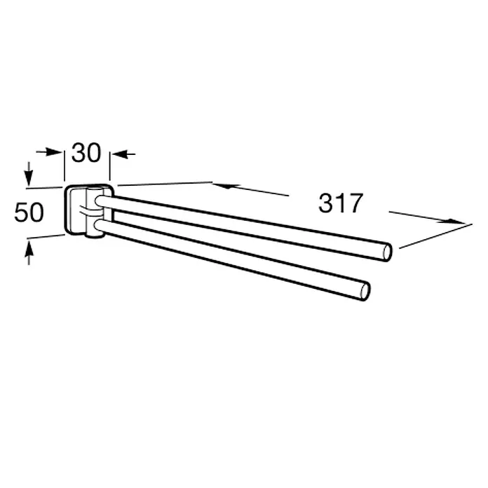 Roca Victoria Toallero de barra - Ancho: 31,7 cm, Cromo - Dibujo técnico de un toallero de tres brazos con indicaciones de medidas. El diseño es simple y moderno.