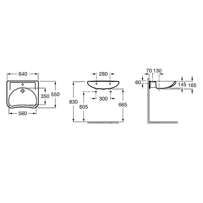 Roca Access Lavabo - An x L: 64 x 55 cm, Medio, Sin desbordamiento, Blanco - Dibujo técnico de un lavabo suspendido con dimensiones, perfecto para la planificación de instalaciones de baño.