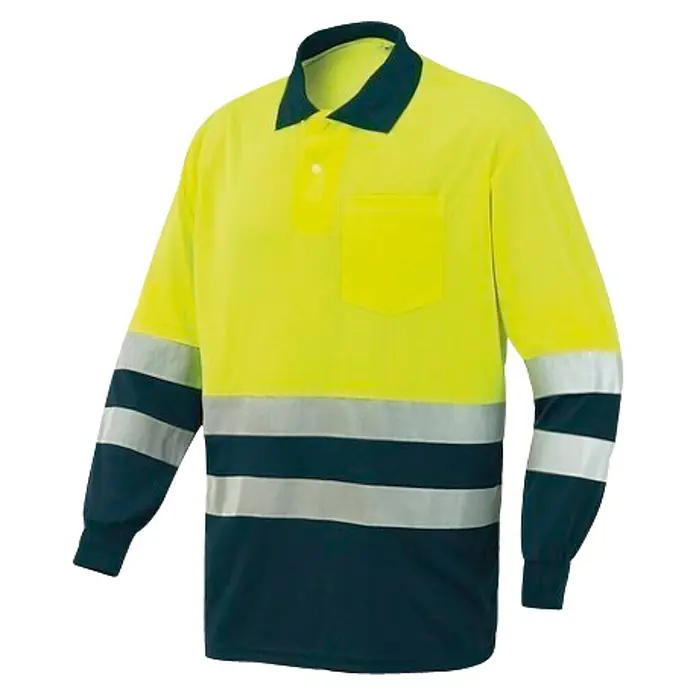 Industrial Starter Polo de alta visibilidad manga larga - S, Amarillo/Azul - Polo de manga larga de alta visibilidad en amarillo con cuello, mangas y parte inferior en azul marino. Tiene cierre de botones y bolsillo en el pecho.