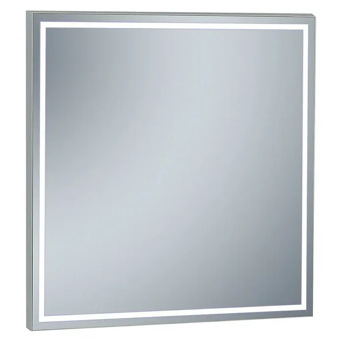 Camargue Espejo con luz Lisbeth - An x Al: 80 x 80 cm, Acero - Primer plano de un espejo de baño LED cuadrado con marco plateado, creando un ambiente de baño moderno y luminoso.