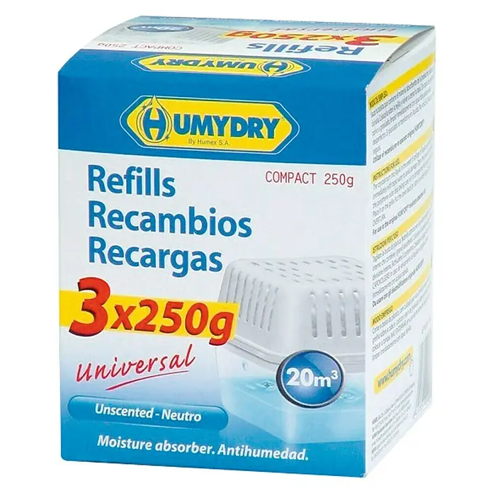 Humydry Pack de recambios para el deshumidificador Antihumedad - Neutral, 3 ud. x 250 g - Recambio Humydry Compact 250g, paquete de 3. Sin perfume, ideal para absorber la humedad en espacios de hasta 20m³.