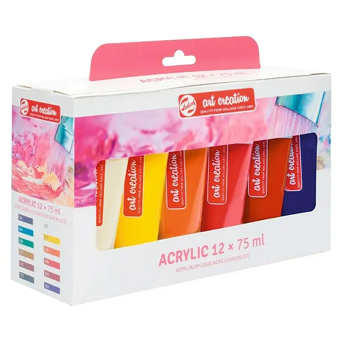 Talens Art Creation Pintura acrílica - Multicolor, 12 ud. x 75 ml - Una caja de doce tubos de 75 ml de pintura acrílica Art Creation, ideal para artistas y aficionados.