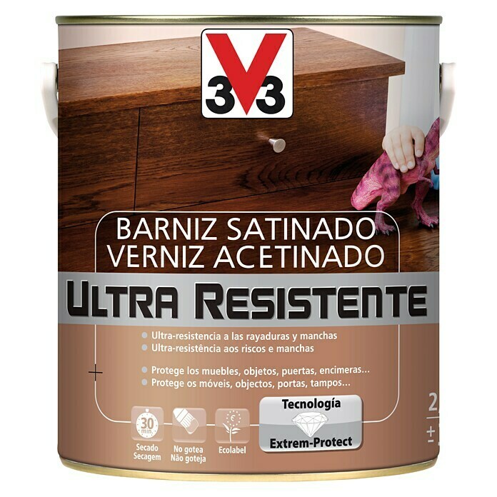 V33 Barniz para madera Satinado Ultra Resistente (Incoloro, Satinado, 2,5 l)
