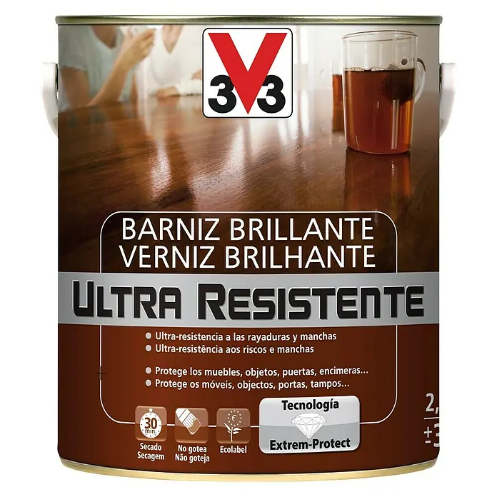 V33 Barniz para madera Brillante Ultra Resistente - Incoloro, Brillante, 2,5 l - Imagen de una lata de barniz brillante V33, ultra resistente, para muebles y superficies, protege contra arañazos y manchas.