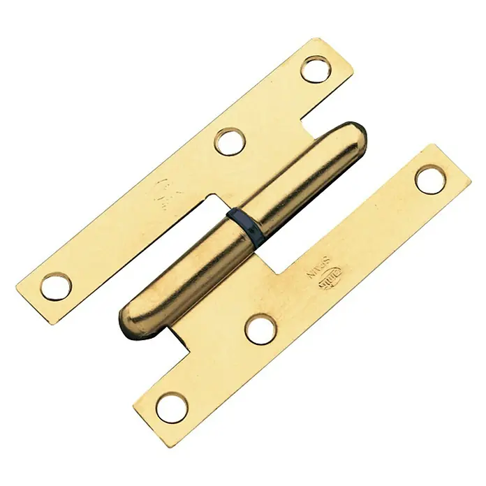 Pernio bisagra 403 - 52 x 2 mm, Izquierda - Primer plano de una bisagra dorada, abierta por el perno, mostrando la tornillería con orificios de montaje.