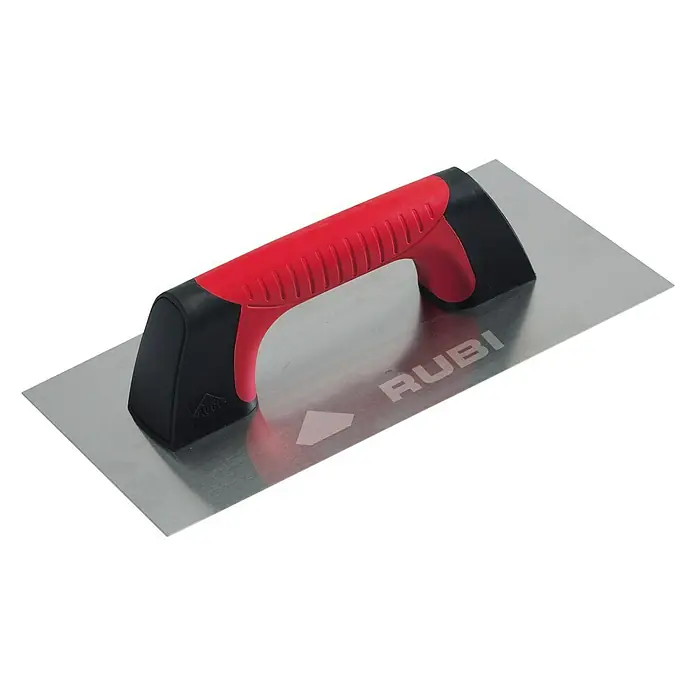 Rubi Llana de alisado Rubiflex - 150 x 300 mm - Primer plano de una llana Rubi con mango rojo y hoja plateada, ideal para trabajos de alicatado profesional.