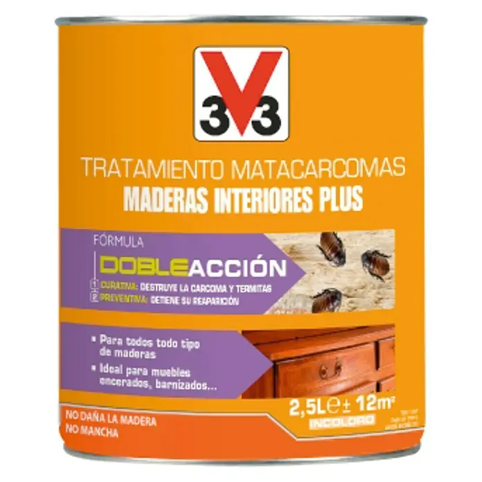 V33 Matacarcomas Maderas interiores Plus - 2,5 l, Incoloro - Envase de tratamiento para madera 3V3 con insecticida para madera interior contra termitas.