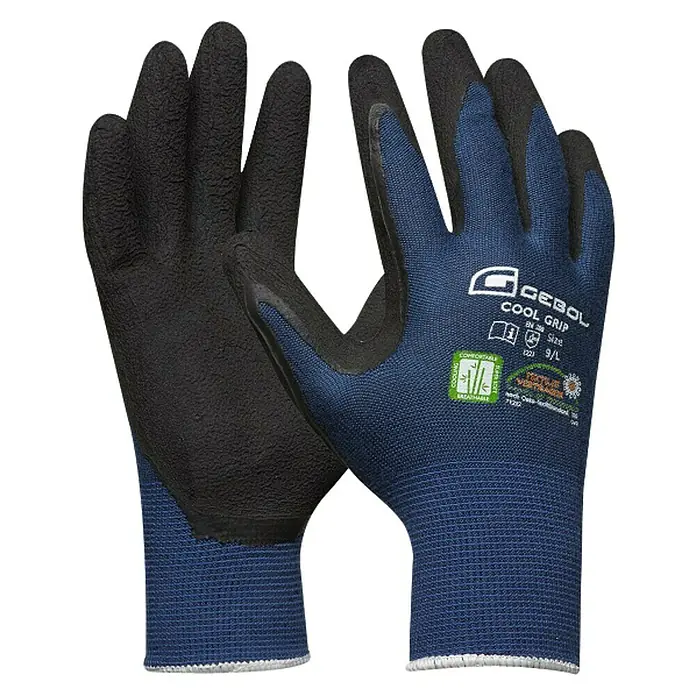Gebol Guantes de trabajo Cool Grip - Talla del guante: 10, Azul/Negro, 2 ud. - La imagen muestra un par de guantes de trabajo Gebol Cool Grip, combinando colores negro y azul para comodidad y protección durante las tareas.