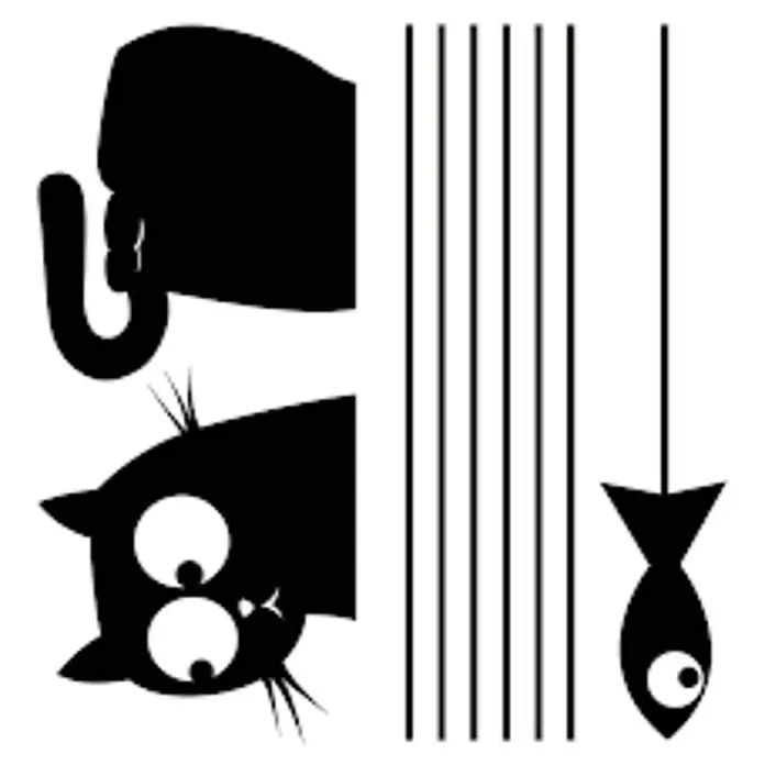 Vinilo de pared Gato y pez - Negro/blanco, Plástico - Gato negro con grandes ojos pescando un pez, ilustración gráfica.