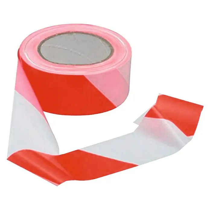 Cinta de señalización adhesiva doble cara - Rojo/Blanco - Un rollo de cinta de barrera rayada roja y blanca, ideal para marcar zonas peligrosas y acordonar obras.