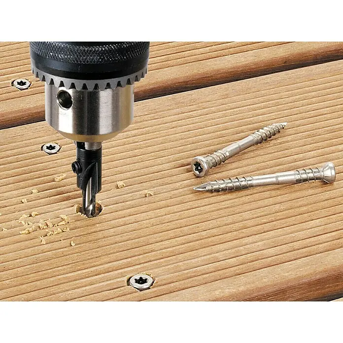 Wolfcraft Broca para madera - 2 ud., Diámetro de la broca: 16 mm - Taladro con broca avellanadora y dos tornillos para terraza sobre una cubierta de madera.