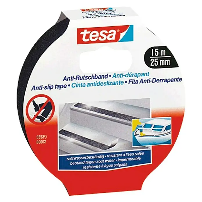Tesa Cinta antideslizante Anti-Slip - 15 m x 25 mm - Un rollo de cinta antideslizante Tesa, de 15 m de largo y 25 mm de ancho, para un agarre seguro.