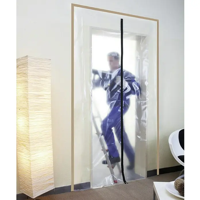 Wolfcraft Puerta antipolvo 4005000 - L x An: 2,15 x 1,05 m - Puerta antipolvo con cremallera en una habitación, protegiendo contra el polvo y la suciedad durante trabajos de renovación.