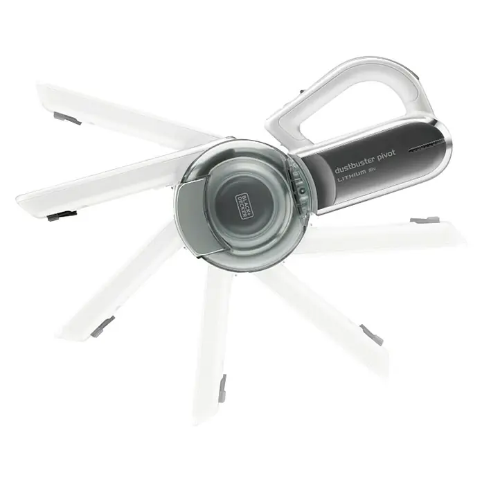 Black+Decker Aspirador de mano de batería PV1820L-AARU - 18 V, 1 batería, Volumen de recipiente: 440 ml - Vista superior de la aspiradora de mano Black+Decker Dustbuster Pivot Lithium 18V, destacando su diseño flexible y pivotante.