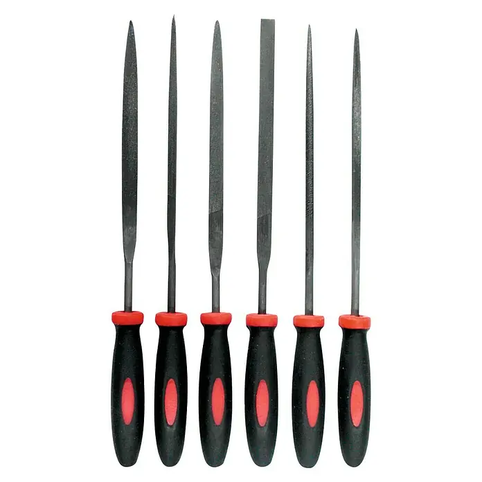 Connex Set de limas - 6 pzs., Apto para: Metal, Longitud hoja de lima: 100 mm - Juego de seis limas de aguja con mangos negros y detalles rojos para trabajos de precisión en metal, madera o plástico.