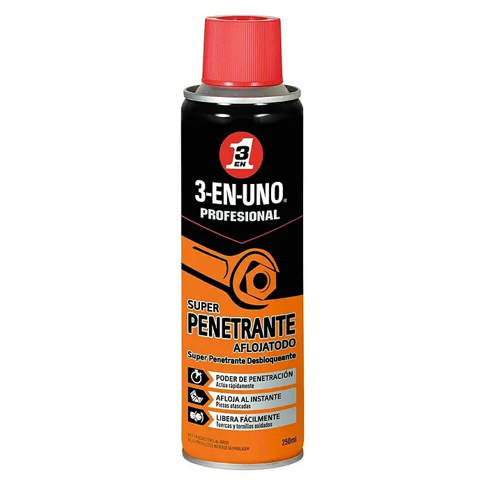 3 en 1 Aceite para herrajes Súper penetrante - 250 ml - Lata de aceite lubricante Super Penetrante 3-EN-UNO, un producto profesional para aflojar piezas oxidadas y penetración rápida.