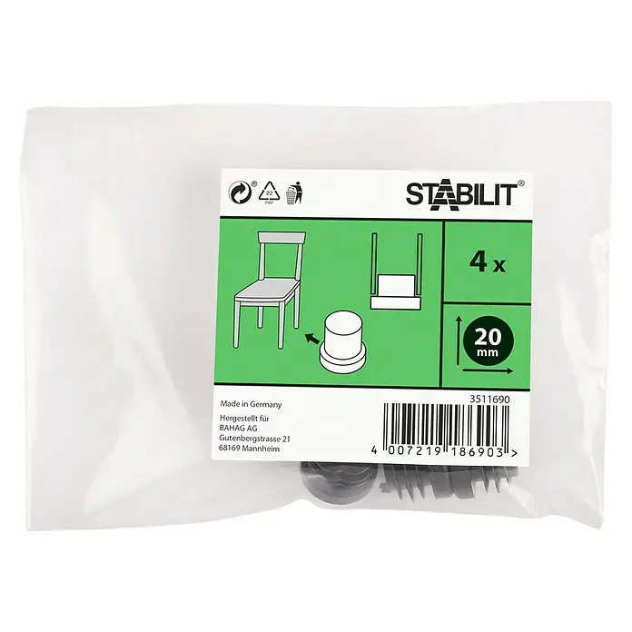 Stabilit Protector para muebles - Diámetro: 20 mm - Imagen de un paquete de tapones para patas de silla Stabilit con deslizadores de fieltro, 4 unidades, 20 mm de diámetro.