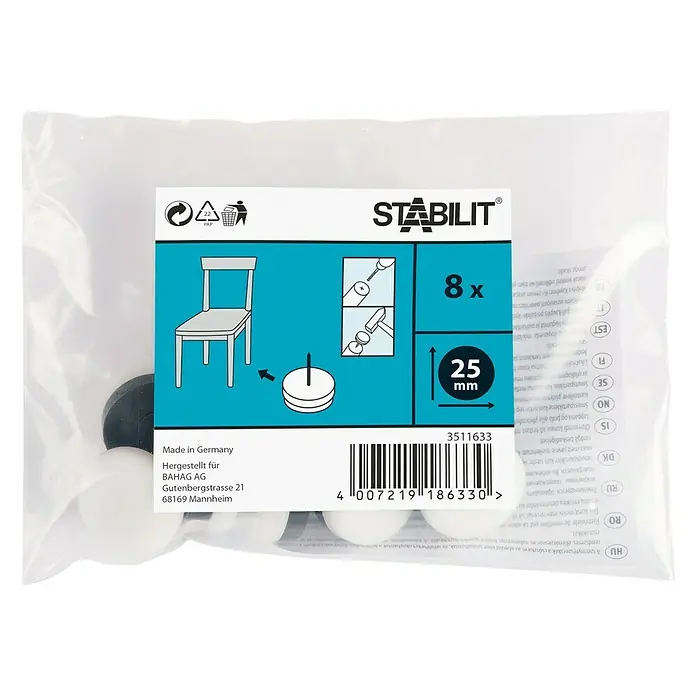 Stabilit Plastik-Gleiter25 mm, 8 Stk., Weiß, Mit Stift - STABILIT Möbelgleiter-Set mit 8 Stück, ideal zum Schutz von Böden vor Kratzern und Beschädigungen. Durchmesser: 25 mm.