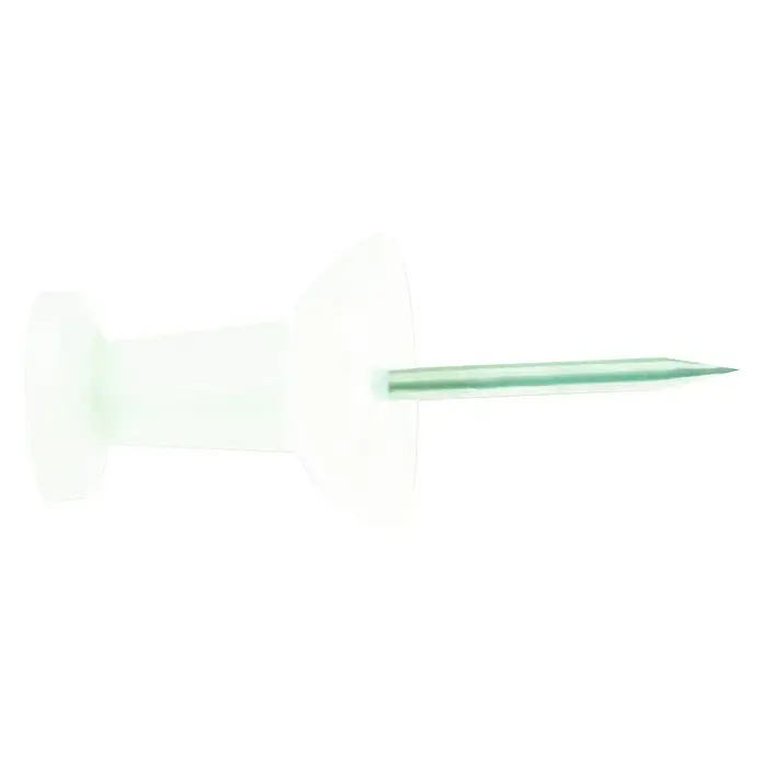 Suki Tachuela - Blanco, 16 ud. - Primer plano de una chincheta con aguja verde y cabeza transparente, ideal para oficina y organización.