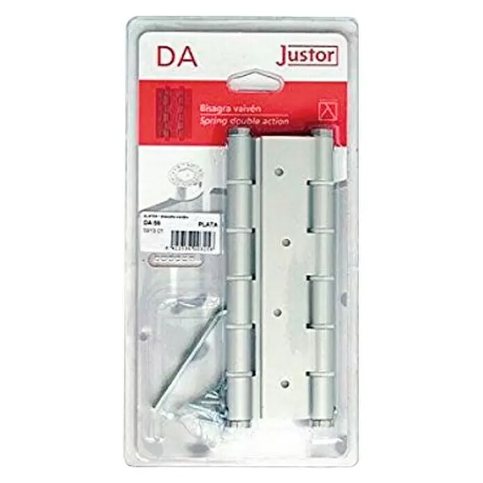 Justor Bisagra DA 180 - L x An x Al: 18 x 15,7 x 2,4 cm, Plateado - Dos bisagras de doble acción de resorte de metal plateado en embalaje transparente de venta.