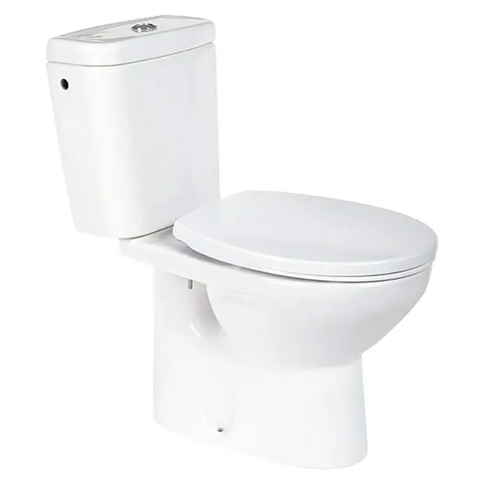 Roca Mitos Pack de WC adosado - Con borde de descarga, Salida WC: Vertical, Blanco, Adosado a pared - Un inodoro blanco de pie con tanque y asiento cerrado, perfecto para baños modernos.