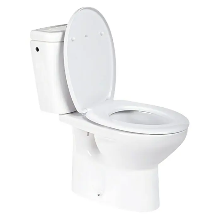 Roca Mitos Pack de WC adosado - Con borde de descarga, Salida WC: Vertical, Blanco, Adosado a pared - Imagen de un inodoro blanco de pie con la tapa abierta. El inodoro está limpio y tiene un diseño contemporáneo para baños modernos.