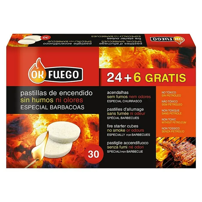 Ok Fuego Pastillas de encendido especial barbacoas - 24 ud. - Imagen de un producto encendedor, ideal para barbacoas, con la inscripción "24+6 Gratis".