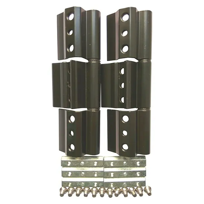 Bisagra reforzada - Largo: 150 mm, Negro, 2 ud. - Primer plano de bisagras de puerta negras y herrajes dispuestos sobre un fondo blanco limpio que muestra los detalles del producto.