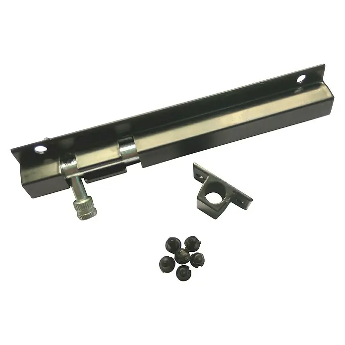 Cerradura adicional para ventanas - Largo: 150 mm, Aluminio, Negro - Un conjunto de cerrojo para puertas en negro, incluyendo el cerrojo, la placa de cierre y los tornillos para montarlo.