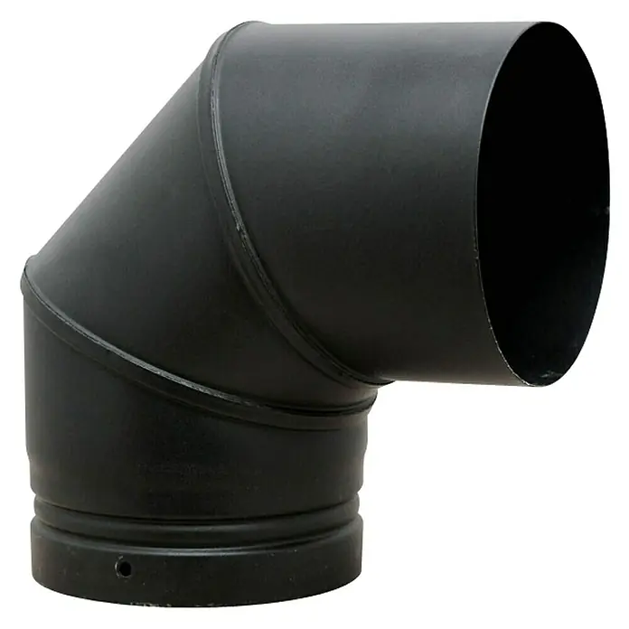 Codo para tubos esmaltado - 200 mm, 90 °, Esmaltado, Negro - Un codo de tubo de estufa negro, ideal para conexiones de hornos, que muestra una construcción robusta y una artesanía precisa para una disipación segura del calor.