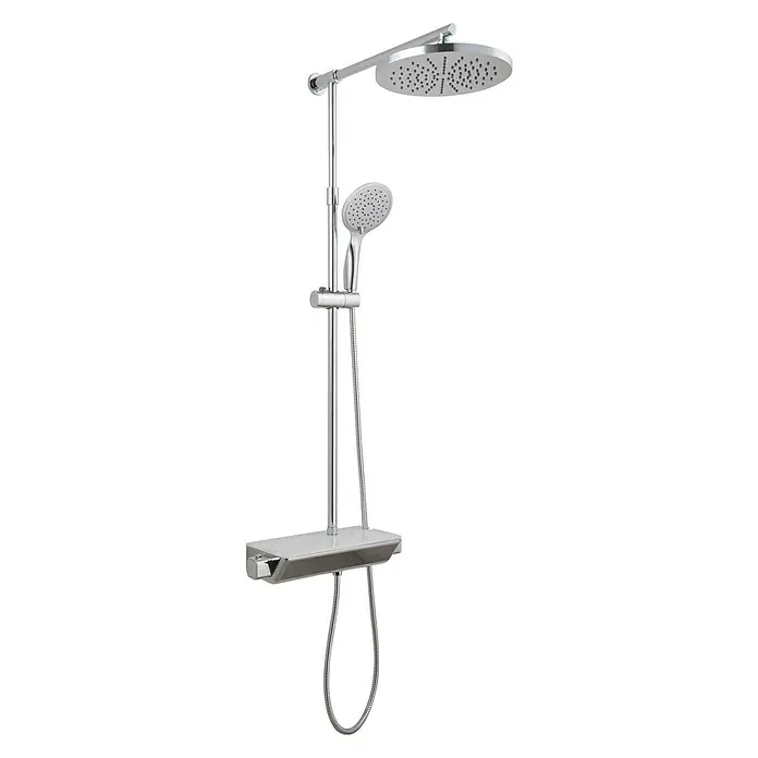 Rousseau Sistema de ducha Cristal - Con grifo termostático, Distancia entre orificios: 15 cm, Número de tipos de chorro: 1 ud., Cromo - Sistema de ducha con rociador de cabeza y mano en cromo para un diseño de baño moderno.